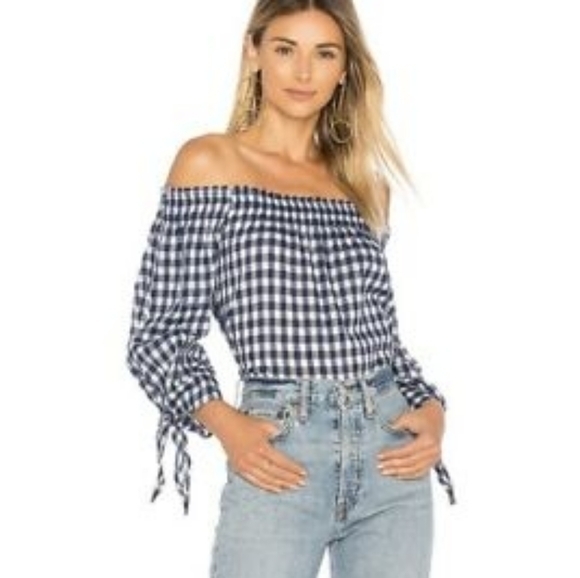 Anthropologie McGuire Off the Shoulder Top in Navy Gingham - Picture 1 of 11